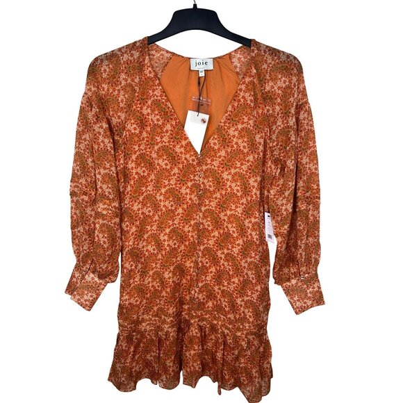 Joie Bree Caramel Multi Paisley Print Mini Silk Dress Size 4 - Picture 16 of 16